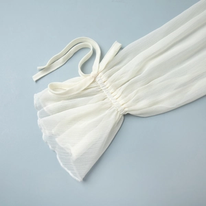 Detail of white chiffon lantern sleeve with ruffled cuff and delicate lace-up tie