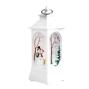 White Christmas lantern with snowman painting and metal hanging ring for holiday decor