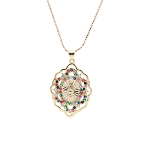 Golden heart necklace featuring Virgin Mary pendant with colorful gemstones on white background