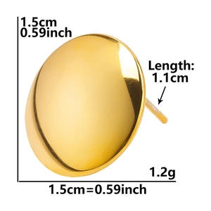Polished gold 304 stainless steel stud earring with 1.5cm diameter and 1.1cm needle
