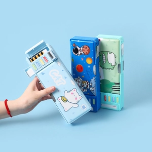 Kids multifunctional double-layer pencil case with cute cartoon patterns and sharpener