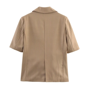 Back view of a striped beige linen blend short-sleeved blazer with center slit