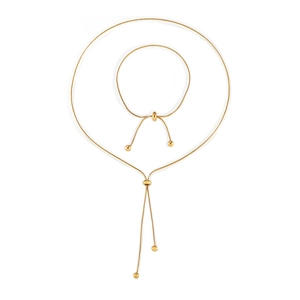18K gold plated titanium bead tassel necklace and bracelet set with adjustable drawstring