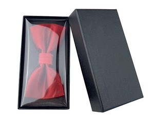 Formal red satin men's bowtie presented in a sleek black gift box with a clear lid
