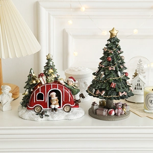 Christmas Ornament Resin Mini Christmas Tree Santa Claus Angel Figurines LED Light Tabletop Holiday Decor Gift