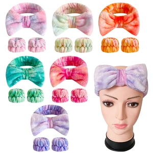 Tie Dye Face Washing Headband And Wristbands Plush Coral Fleece Gradient Bowknot For Skincare SPA Makeup