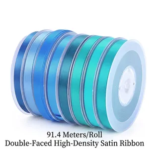 Double Sided Satin Ribbon Polyester Fabric High Density Smooth Webbing For Gift Wrapping DIY Craft Blue Series Decor