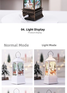 Close-up of LED Christmas lantern with reindeer print showing light and off modes