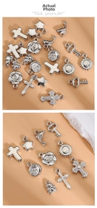 Macro view of silver alloy pendant collection featuring cross star and moon shapes
