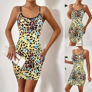 Detail of leopard and blue butterfly print on a sexy slim fit bodycon cami dress