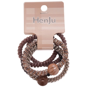 Spiral telephone wire hair ties set in brown and plaid patterns on display card