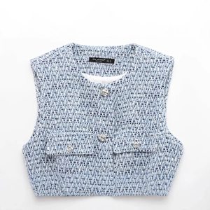 Blue and white textured tweed vest for women featuring silver buttons and matching waist belt