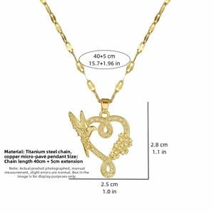 Detailed size parameters of golden hummingbird heart pendant necklace on 40cm chain