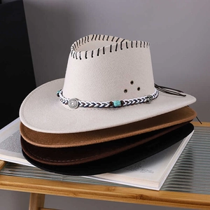 Western Cowboy Hat Faux Suede Retro Ethnic Braided Band Turquoise Beads Adjustable Wind Rope Breathable For Men Women