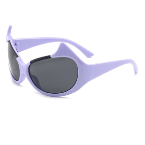 Fashionable lavender cat-ear sunglasses with black lenses on a white background