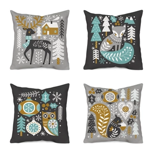 Detailed set of 4 Christmas pillow covers featuring reindeer, fox, owl and squirrel prints