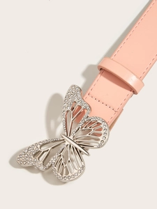 Close-up of pink leather belt featuring a large butterfly alloy buckle with rhinestones