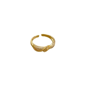 Adjustable gold plated twisted ring with sparkling micro-pave crystals for women