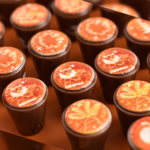 Macro shot of resin Christmas coffee cups with snowflake and gingerbread patterns
