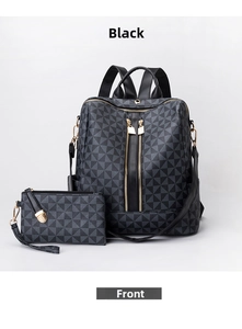 Front view of geometric print backpack and matching pouch with gold hardware details