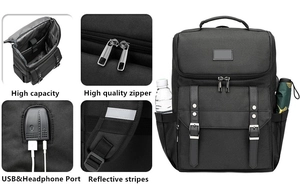 Detail view of black laptop backpack with USB port, high quality zipper and reflective stripes