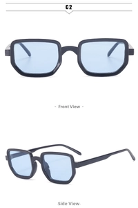 Front and side view of C2 black square sunglasses with transparent light blue lenses