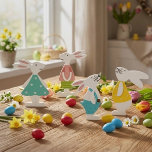 Set of 4 painted wooden bunny Easter ornaments with flowers in bright indoor setting