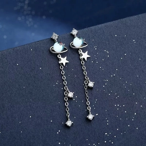 Star and planet long tassel earrings with cat eye stones on a starry background