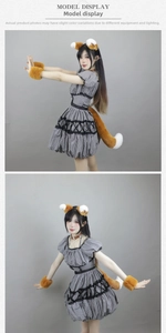 Detailed close-up of brown plush fox ears, tail and wrist cuffs cosplay accessory set