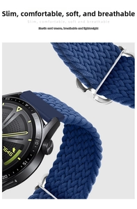 Macro detail of dark blue braided nylon watch strap texture with elastic fibers