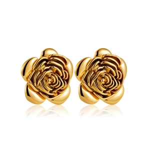 Elegant 18K gold rose flower stud earrings with a polished metallic finish on white back