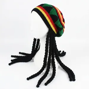 Rasta style knit beret with dreadlocks and maple leaf pattern for Halloween costume