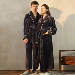 Unisex Flannel Bathrobe Long Thick Sleepwear For Couples Men Women Soft Fleece Robe With Belt And Pockets Contrast Piping