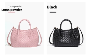 Close-up of woven leather bucket bags in pink and black with cross-weave texture
