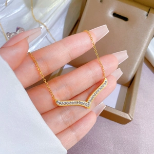 Minimalist gold titanium steel V-shaped necklace with crystals in jewelry box