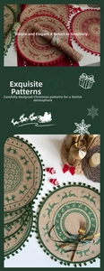 Close-up of jute Christmas placemat with reindeer patterns and festive pom-pom trim