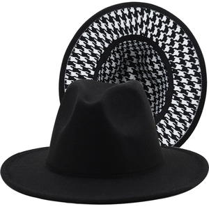 Classic British style black fedora and houndstooth lining wool felt jazz hat for men and women