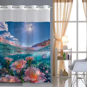 Detail of waffle-weave shower curtain with digital water lily print and silver metal grommets