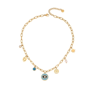 Golden stainless steel heart necklace with enamel eye and pearl charms on white background