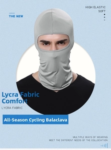 Detail of grey Lycra cycling mask showing high elasticity and soft breathable fabric