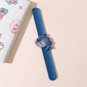 Blue shark-shaped quartz slap watch for children with clear dial numbers and silicone strap