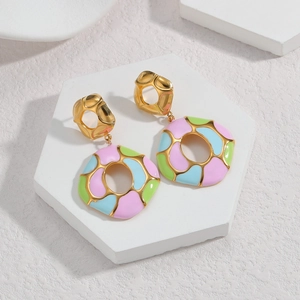 Bohemian colorful enamel earrings with pink, blue and green geometric design on gold frame