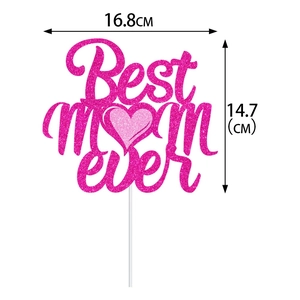 Pink glitter 'Best mom ever' cake topper for Mother's Day decoration, size 16.8 x 14.7 cm