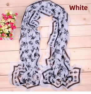 Detail of white long chiffon scarf with black pirate skull and crossbones prints