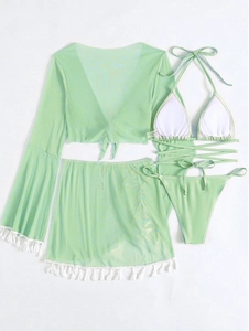 Detail von vierteiliges mintgrünes Bikini-Set mit Mesh-Überzug und Quastensaum-Rock