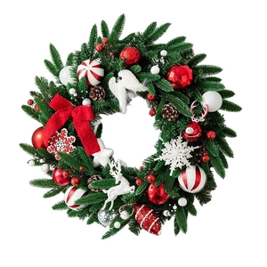 Couronne de Noël 50cm avec nœuds rouges pommes de pin et rennes pour la porte