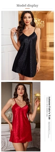 Detailed macro view of satin leopard print nightgowns in classic black and red silk fabrics