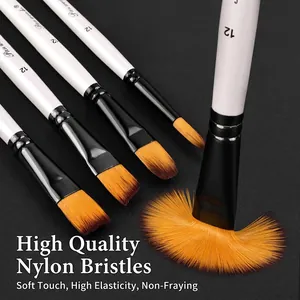 Lot de 6 pinceaux professionnels en nylon pour peinture à l'huile avec manche blanc