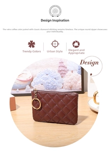 Close-up of brown quilted leather coin purse with a large golden circular ring zipper