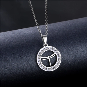 Silver stainless steel dragonfly pendant necklace with sparkling white rhinestones